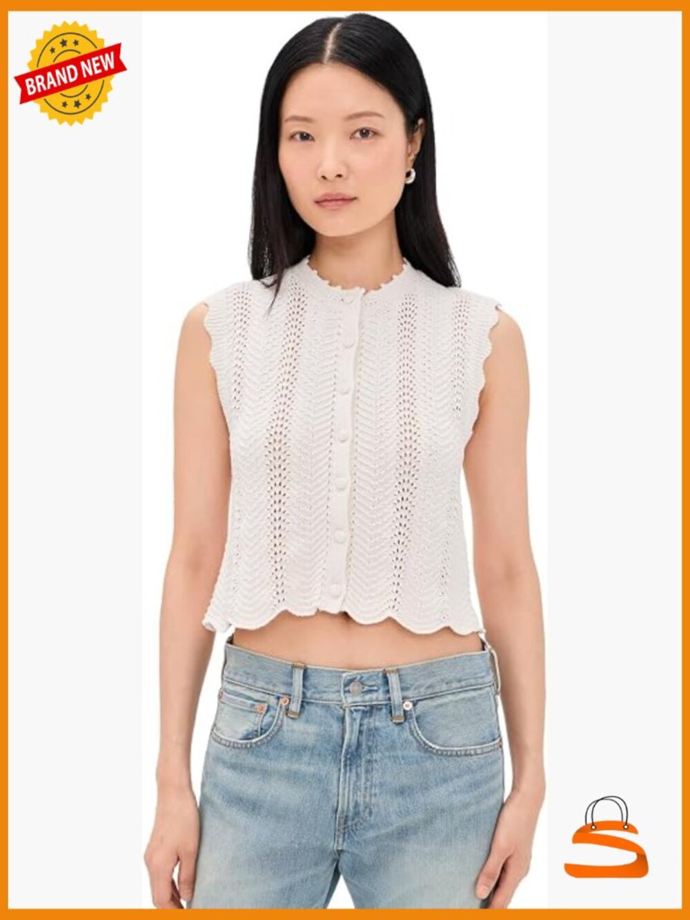 Womens Lightweight Pointelle Knit Sweater Vest Crew Neck Scalloped Trim
